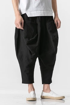 Męskie luźne spodnie duża krocze spodnie elastyczny pas, szarawary szerokie nogi mężczyzny Unsiex hip-hop, bawełniana linia sportowe spodnie plus size