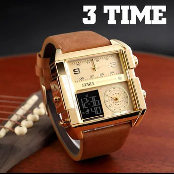 Męskie zegarki sportowe 3 strefa czasowa big man military fashion LED watch skórzane zegarek kwarcowy relogio masculino by VFSKN