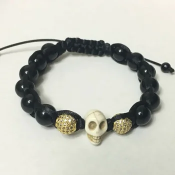 Mężczyźni czaszka bransoletka 10mm naturalny czarny okrągły kamień koraliki koronki splot bransoletki punk-rock osób biżuteria wisiorki bransoletki