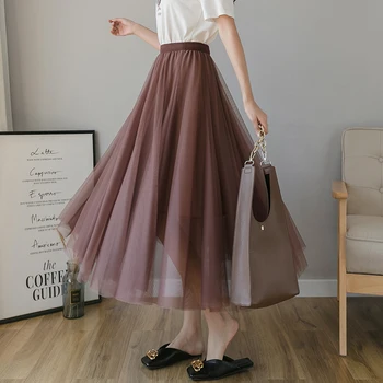 NIJIUDING Half-length Skirt damska jesień 2020 nowy styl spódnica średniej długości z wysokim stanem kolor Sexy Plisowana a-силуэтная netto spódnica
