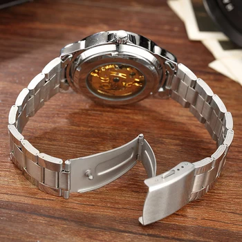 Najlepsze markowe automatyczne zegarki mechaniczne dla mężczyzn Srebrny stalowy szkielet Self-Wind męskie zegarki prezenty zegarki relogios masculino