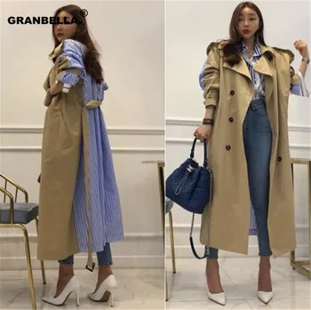 Najpopularniejsze koreańskie i japońskie stylowe paski patchwork długie damskie płaszcze zimowe m fashion camel trench moda mujer invierno