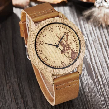 Naśladować Drewniane Zegarek Kobiety Mężczyźni Imitacja Drewna Zegar Struś Jeleń Człowiek Zegarek Skórzany Pasek Męski Zegarek Kwarcowy Zegarek Reloj