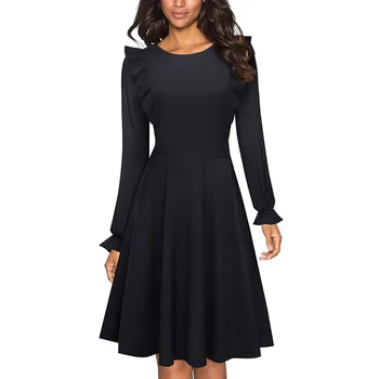 Nice-forever Retro Pure color Ruffle Sleeve Dresses Cocktail Party Flared Women Dress btyA181