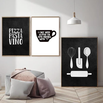 Nordic Czarny Biały Wyposażenie Kuchni Plakaty Drukowanie Pizza, Makarony Wino Płótno Malarstwo Ścienne Artystyczne Wzory Do Restauracji Na Kawę Wystrój Pokoju