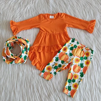 Nowa dostawa 3 szt. sukienki z długim rękawem ruffle soild pomarańczowe legginsy z szalikiem ładny dyni druku dla dzieci stroje dla dziewczyn