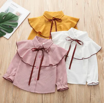 Nowe dziecięce bluzki dla dziewczyn moda Lotus Leaf Edge skręcić w dół kołnierz koszulki dla dziewczynek paski bluzka księżniczki koszule odzież Dziecięca