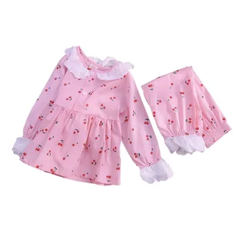 Nowe koronkowe od piżamy stroje dla dziewczyn strona ubrania dla dziewczynek cienkie kostiumy dla dzieci-dwójki z długimi rękawami 2020 wiosna i jesień