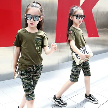 Nowe letnie chłopcy kamuflaż wojskowy treningowy zestaw dziecięcy t-shirt z krótkim rękawem 2 szt. zestaw
