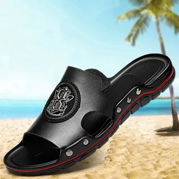 Nowe wysokiej jakości męskie pantofle męskie casual klapki ze skóry naturalnej antypoślizgowa plażowe sandały luksusowe uliczne kapcie handmade