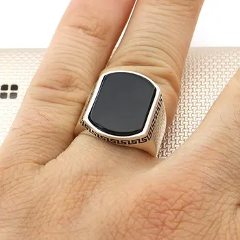 Nowoczesny srebrny pierścień prostokąt czarny onyks kamień srebrny pierścień mężczyźni srebrny pierścionek wykonany w Turcji stałe srebro próby 925