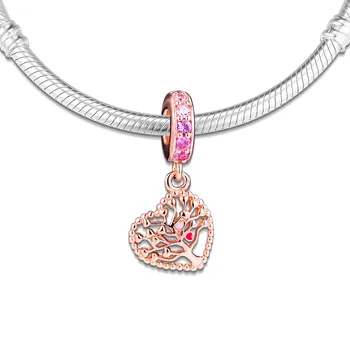 Nowy 2019 Rose Golden Jewelry Pink CZ Crystal Tree Of Love Heart zawieszenia do produkcji biżuterii nadaje się do oryginalnych srebrnych bransoletek próby 925