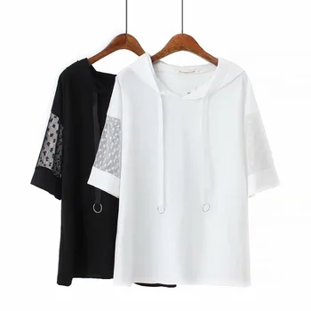 Nowy 2021 lato Korea plus rozmiar bluzki dla kobiet wielki wolny krótki rękaw koronki bawełniane bluza t-shirt biały czarny 3XL 4XL 5XL 6XL