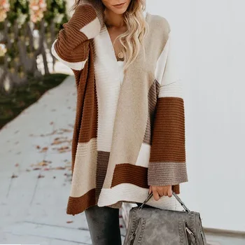 Nowy jesienno zimowy długi sweter kobiety geometryczny kolor zgodności luźny sweter z dzianiny kurtka damska swetry z długim rękawem