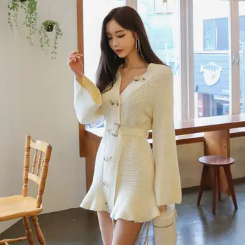 Nowy koreański styl biurowy kobieca sukienka damska V-neck dwurzędowy talia slim вязаное sweter sukienka mini sukienka Sexy odzież uliczna