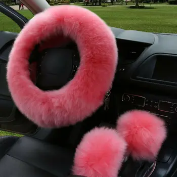 Nowy wzór wnętrz 3szt puszyste grube futro futro pokrywa kierownicy samochodu zimowy uniwersalny różowy