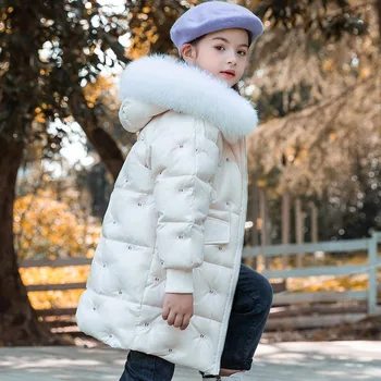 OLEKID 2020 Girls Winter Coat haft z kapturem gruba ciepła długa dół zbiórki kurtka dla dziewczyn 5-14 lat odzież dla nastoletnich dziewcząt parku