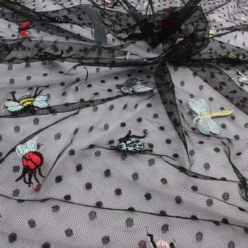 Owady вышили koronkowy materiał Dot Mesh tkanina Bee Butterfly Fabric Dress Making 150cm wide