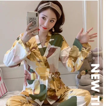 Piżama dla kobiet wiosna jesień mleko jedwab z długim rękawem koreański słodki i piękny japoński kimono zestaw domowej odzieży Pj zestawy dla kobiet
