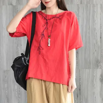 Plus rozmiar damska bluzka bawełna bluzka letnie damskie bluzki na co dzień haft wysokiej jakości z krótkim rękawem kolor czerwony 4XL