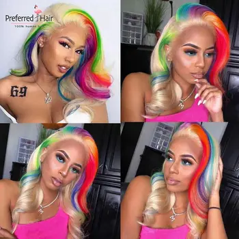 Preferowany Kolor Tęczy Wig Czerwony Zielony Fioletowy Niebieski Blondynka Wyróżnić Wig Wstępnie Dzięcioł Brazylijskie Ludzki Włos Koronki Przodu Peruk Dla Kobiet