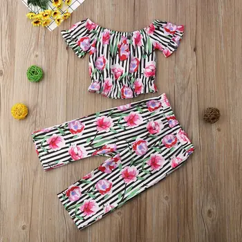 Pudcoco Toddle Infant Summer Girls Baby Clothes Folding Crop Tops +kwiatowe spodnie stroje zestaw ubrań 2019 Drop Shipping
