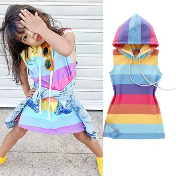 Pudcoco USPS Sweet Baby Kids Girl Summer Dress Print Rainbow z Przeplotem Dress Outfit Sunsuit 1-7Y