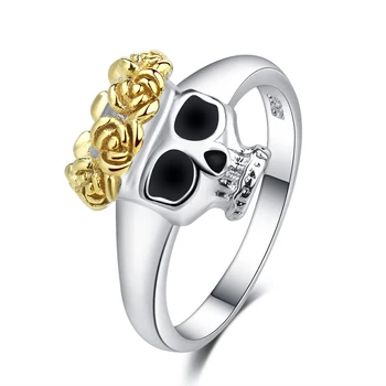 Punk pomarańczowy czaszka palec pierścień dla kobiety czarna guma kolor złoty kwiat głowa pierścień 925 srebro biżuteria boże Narodzenie