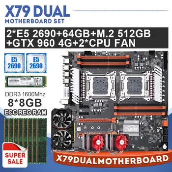 Płyta główna X79 Dual CPU z 2× E5-2690 i 8×8GB=64 GB 1600MHz DDR3 ECC REG Memory i 512G M. 2 SSD 2*CPU Fan i GTX960 4G GPU