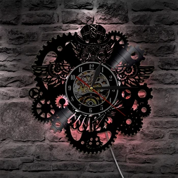 Płyta winylowa zegar ścienny nowoczesny design 3D dekoracyjne steampunk zegarek z 7 różnych kolorach LED Change Gear zegar ścienny Home Decor