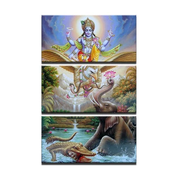 Płótno obrazu HD grafiki ścienne sztuka 3 sztuki hinduskiej Pan Bóg Wisznu siedzący na Гаруде malarstwo wystrój domu słoń plakat ramki