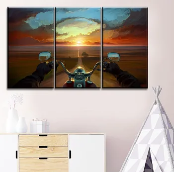 Ramki HD Typ druku na płótnie plakat 5 panel zachód słońca krajobraz artystyczny psychodeliczny motocykl Drogowa malowanie ściany sztuki dekoracji wnętrz