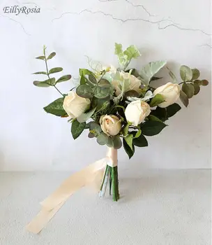 Ramos de novia Small Size Bridal Bouquet for Bridesmaid Flower Girls Handmade Roses Eucalyptus Artificial Wedding Flowers Design