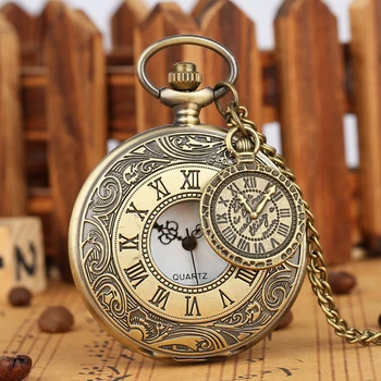 Retro Brązowy grawerowanie rzymska kwarcowy zegarek kieszonkowy puste Zabytkowe naszyjniki łańcucha prezenty dla mężczyzn kobiet zegarki zegarki akcesoria