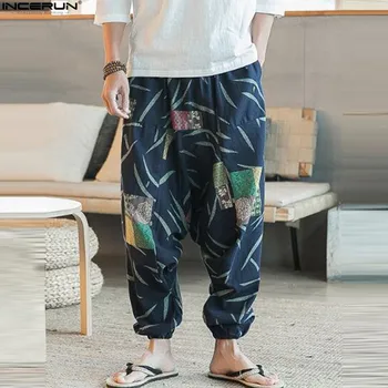 Retro chińscy mężczyźni Drop-crotch spodnie spodnie spodnie bawełniane elastyczna talia temat drukowane casual męskie spodnie INCERUN