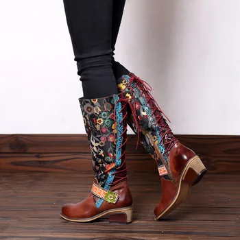 Retro drukowane kwiat cowgirl buty Damskie buty kobieta skóra naturalna buty do połowy łydki zima czeski rycerz Botas Mujer