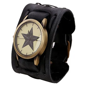 Retro zegar relogio masculino modny Gwiezdny wzór chronograf Kwarcowy zegarek na rękę punk rock brązowy duży szeroki skórzany bransoletka mankiet dla mężczyzn