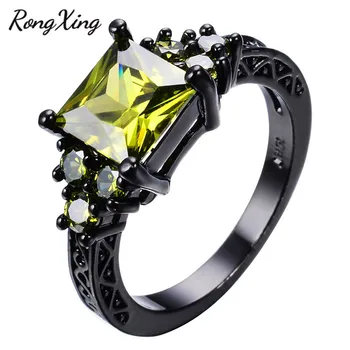 RongXing Classic Square Green/Purple/Red Wody Rings For Women Men Vintage Fashion Black Gold Filled Multicolor Circon Ring