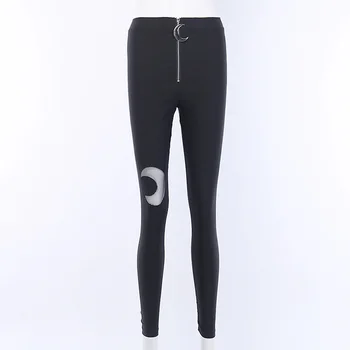 Rosetic Gothic Punk Spodnie Damskie Z Wysokim Stanem Black Moon See Through Sexy Zip Skinny Legging Spodnie Damskie Goth Streetwear 2020