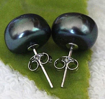 Ry00595 autentyczne hodowane słodkowodne 8-9 mm Czarna perła kolczyki srebrne A0422