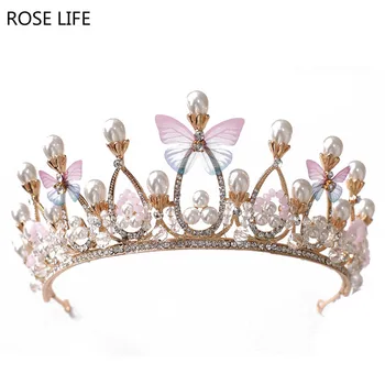 Róża życie nowa motyl panna młoda korona elegancka księżniczka korona akcesoria Kryształ panna młoda suknie Ślubne akcesoria do włosów