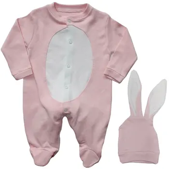 Różowy królik kombinezon Biały pompon czapka moda Różowy królik wydruku dziewczynka kombinezon dziecko z długim rękawem bawełna noworodka