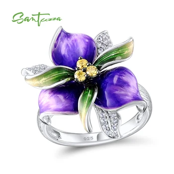 SANTUZZA pierścień ze srebra próby 925 dla kobiet kolorowe szkliwo kwiat błyszczący niebieski nano Biały cyrkonia moda wykwintne biżuteria