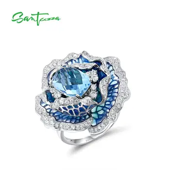 SANTUZZA srebrny pierścień dla kobiet czyste srebro próby 925 elegancki niebieski kwitnący kwiat modny аниллос wykwintne biżuteria handmade emalia