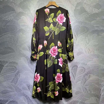 SEQINYY Vintage Midi Dress lato wiosna nowy design moda kobiety pas droga startowa wysokiej jakości róże kwiaty do wydruku guziki, elegancki