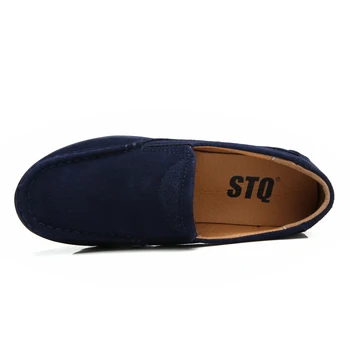 STQ 2020 jesienne, Damskie buty na płaskiej platformie skórzane zamszowe mokasyny damskie Niebieskie codzienne Оксфордская buty Slip On Flats 3213