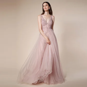 Sexy Różowe Długie Szczelinowe Sukienki Na Studniówkę V Neck Kryształy, Cekiny Tiul Suknia Wieczorowa Sukienka Z Odkrytymi Plecami