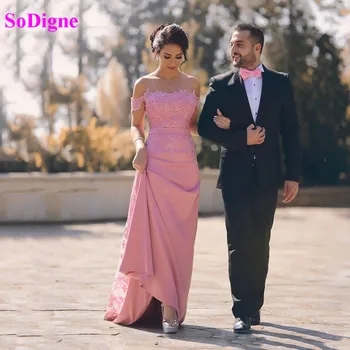 SoDigne 2021 Urocze Różowe Sukienka Z Otwartymi Ramionami Koronki Aplikacja Formalne Sukienki Dubaj Pageant Party Dress Suknie Wieczorowe