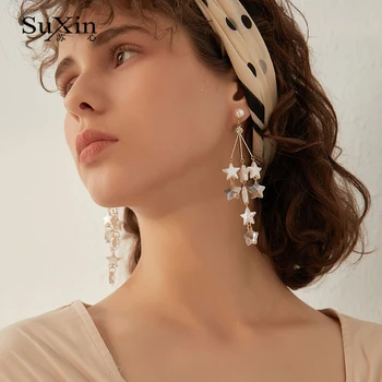 Suxin kolczyki 2020 nowy prosty pięcioramienna gwiazda pędzelkiem temperament kolczyki dla kobiet długie koraliki kolczyki biżuteria prezent