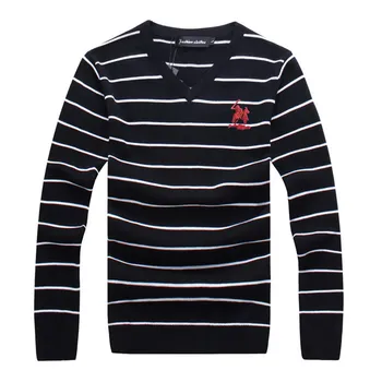 Sweter V-neck w paski sweter męski Polo logo wiosna jesień czysta bawełna ciepły sweter odzież ciągnąć homme hiver man hombres sweter